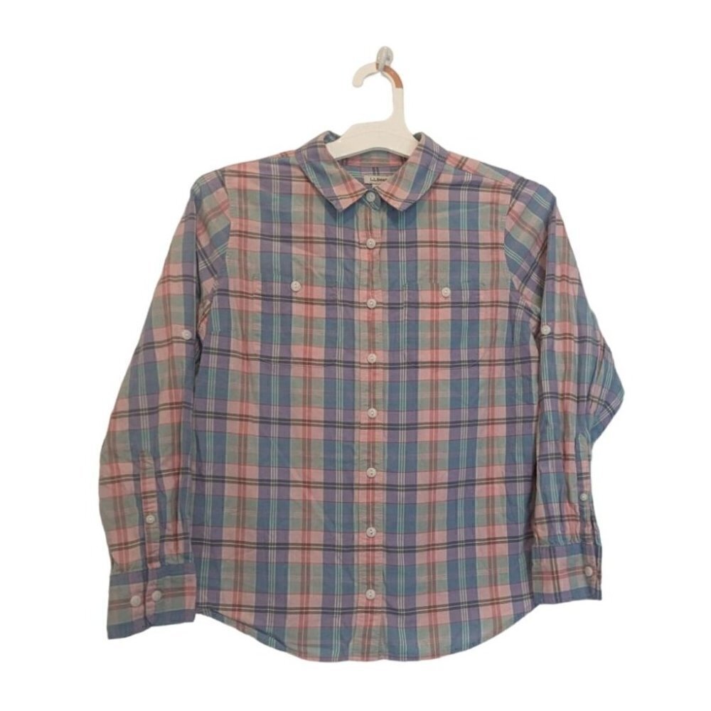 L.L.Bean Plaid Button Front Shirt Size Small PET Roll Tab Sleeve Pastel Cotton